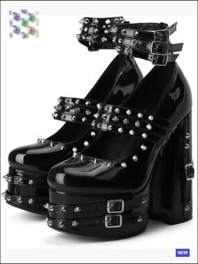 Goth Chunky Platform High Heeled Pumps Ankle Bootie Strappy Rivets Punk Y2K Hot